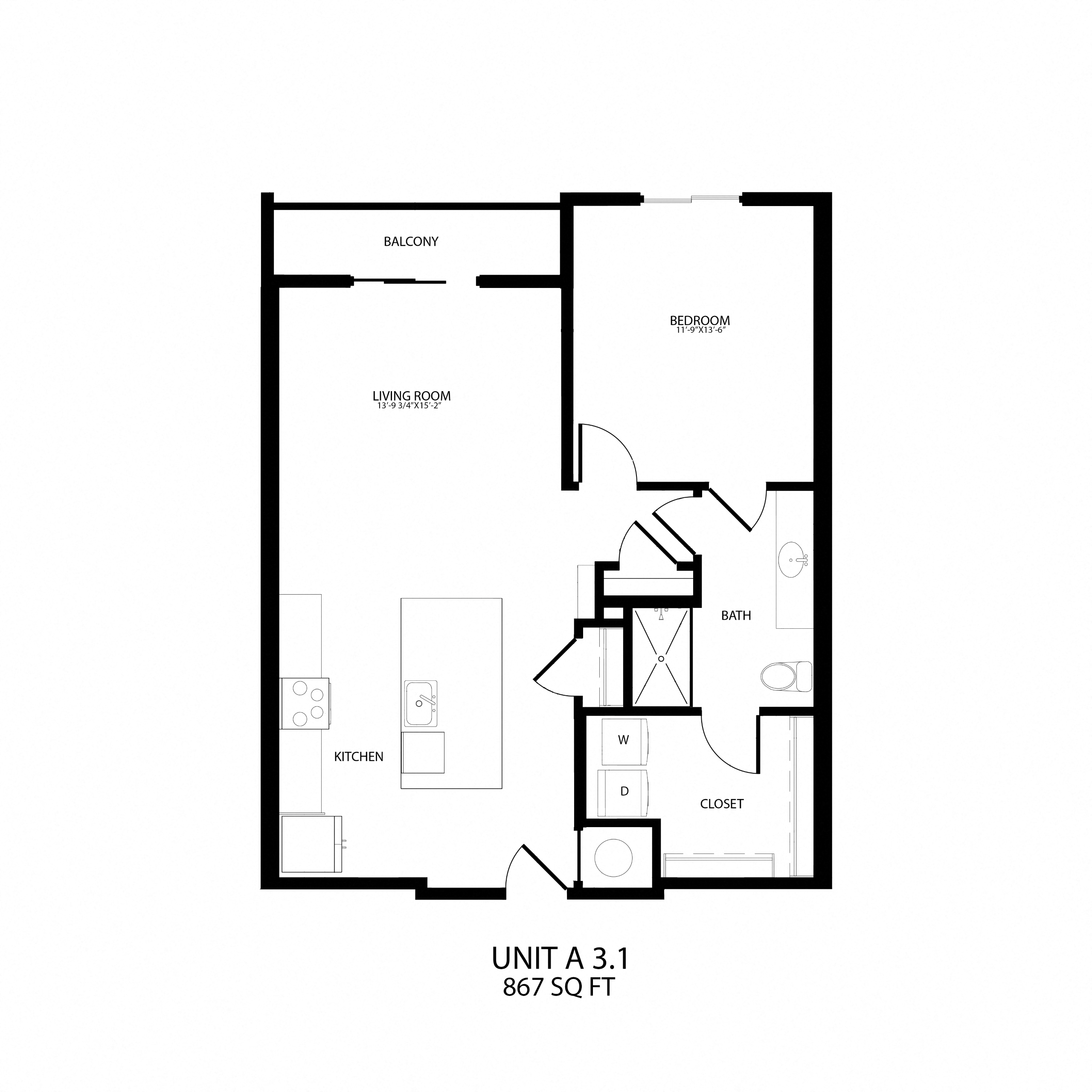 Floor plan for 1 bed, 1 bath, 867 sqft